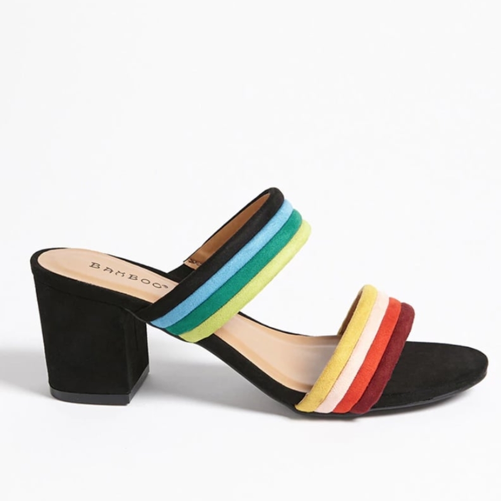 🆕 Bamboo, HIGHLIGHT-52M black and rainbow striped double-strap mules/heels